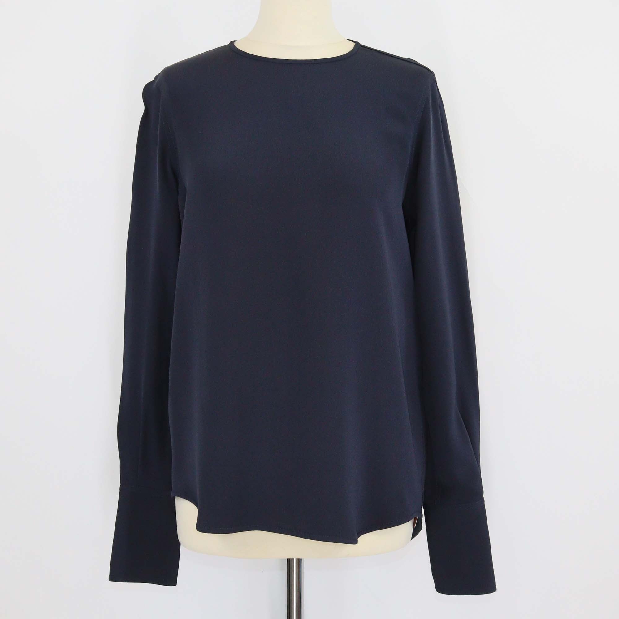 Loro Piana Navy Silk Jami Long Sleeve Bateau Blouse