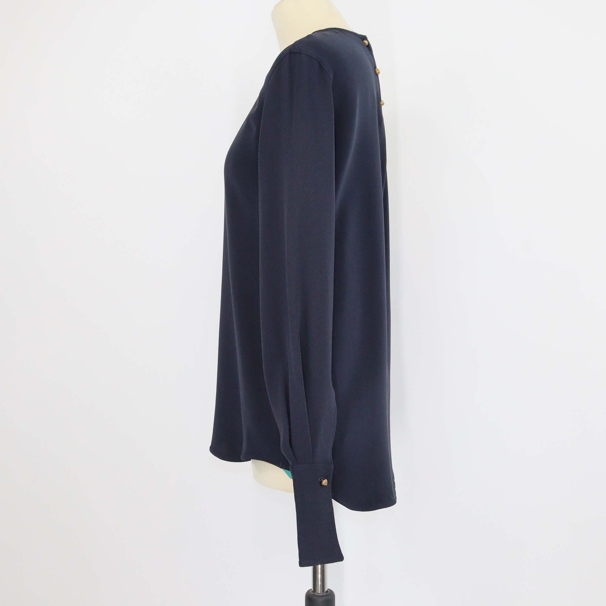 Loro Piana Navy Silk Jami Long Sleeve Bateau Blouse