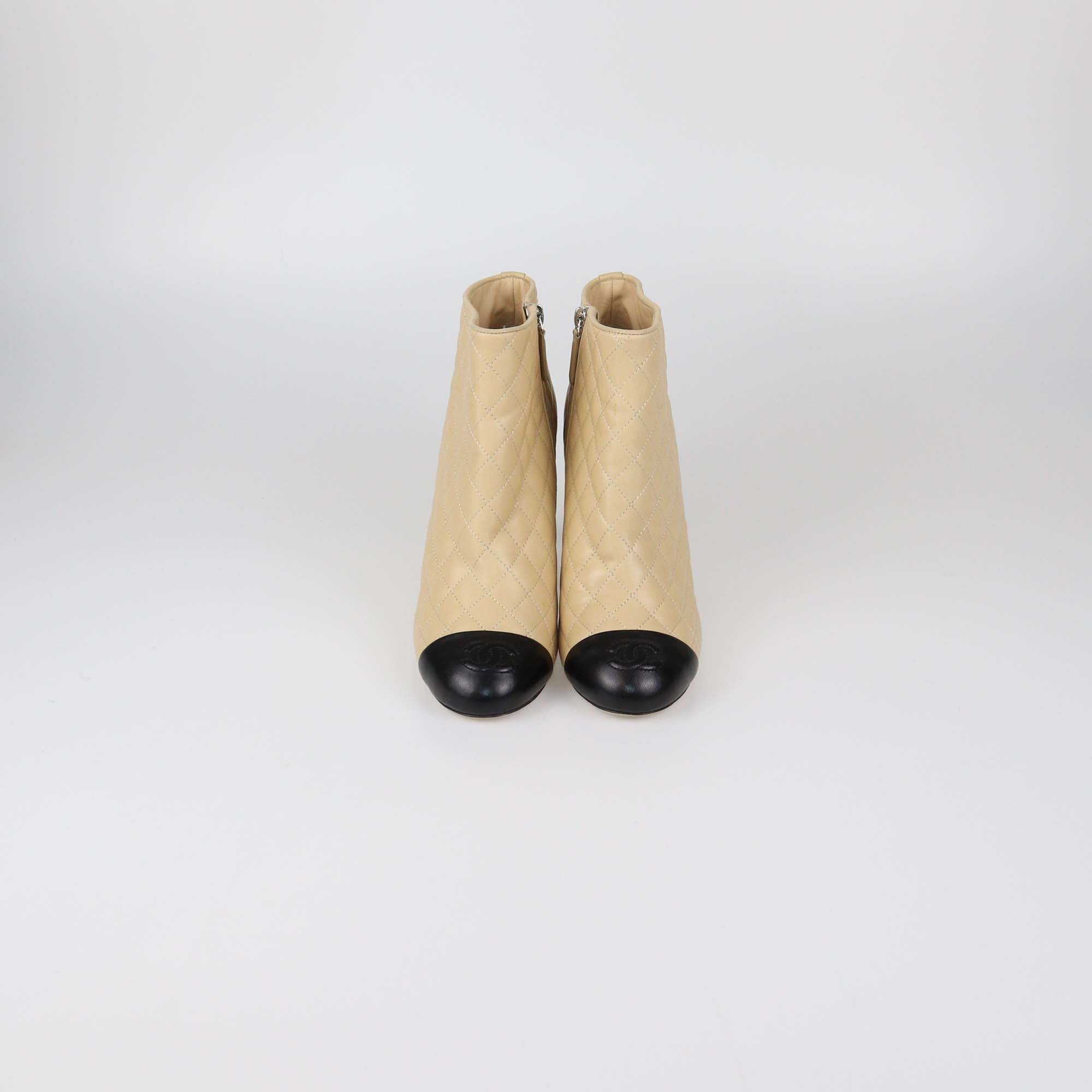 Chanel Beige/Black Quilted Leather CC Cap Toe Ankle Boots