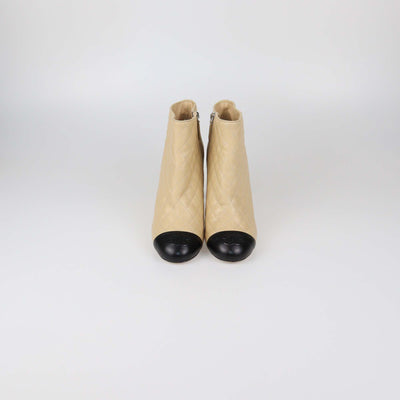 Chanel Beige/Black Quilted Leather CC Cap Toe Ankle Boots