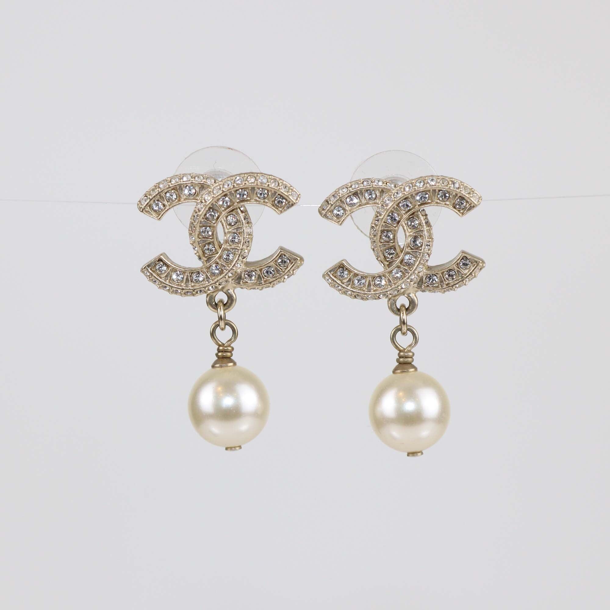 Chanel Pale Gold Crystal CC Pearl Drop Earrings Womens Chanel 