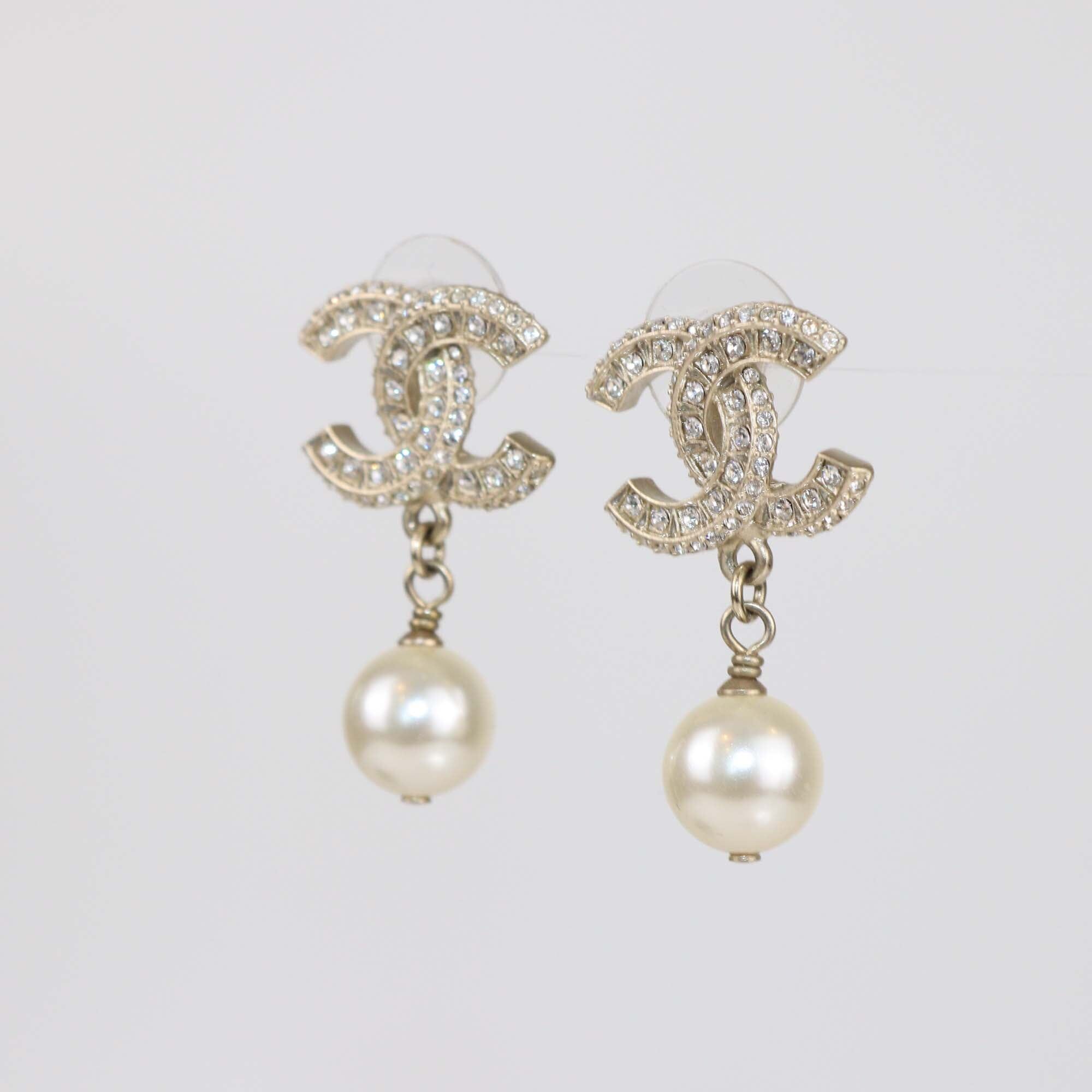 Chanel Pale Gold Crystal CC Pearl Drop Earrings Womens Chanel 