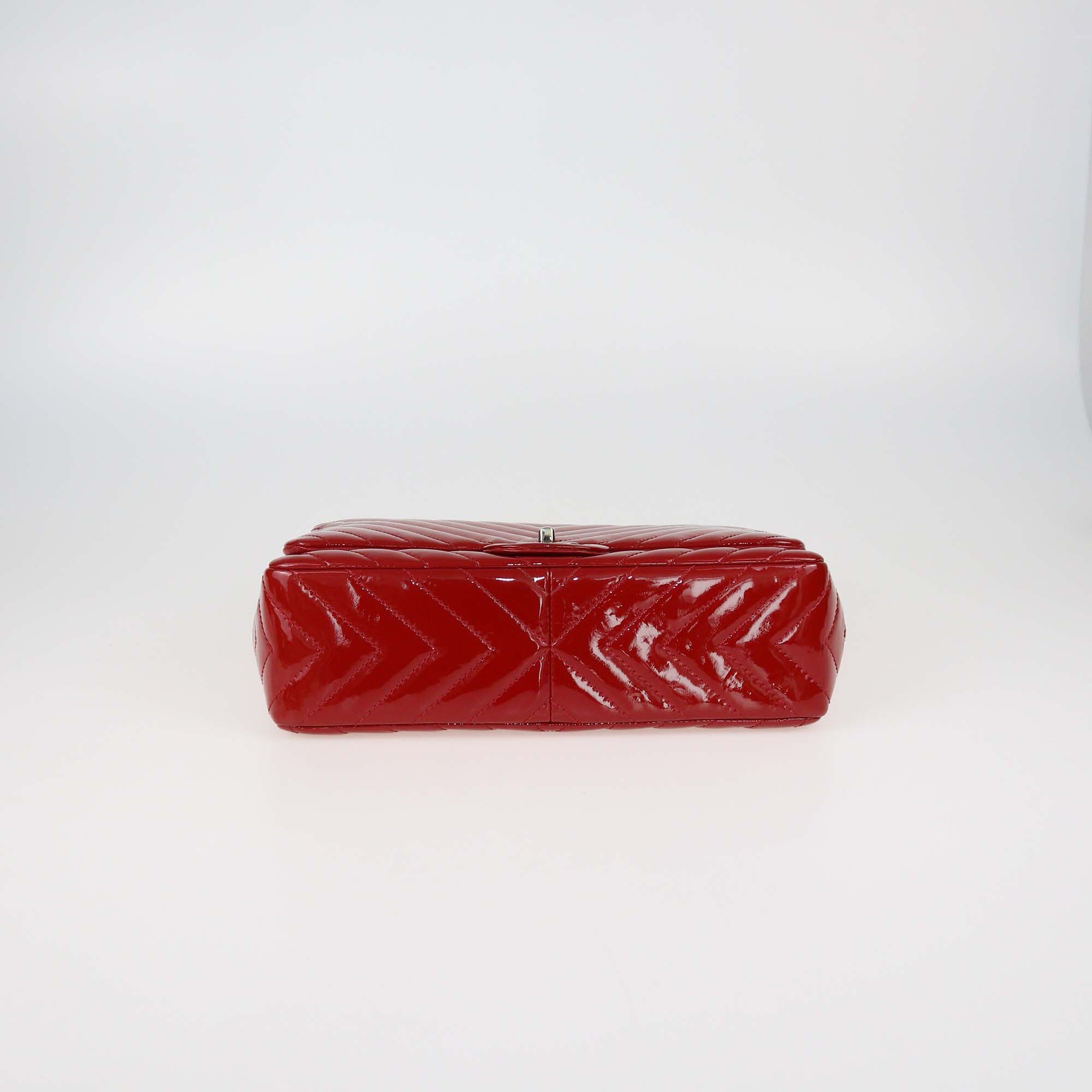 Chanel Red Chevron Patent Leather Jumbo Classic Single Flap Bag