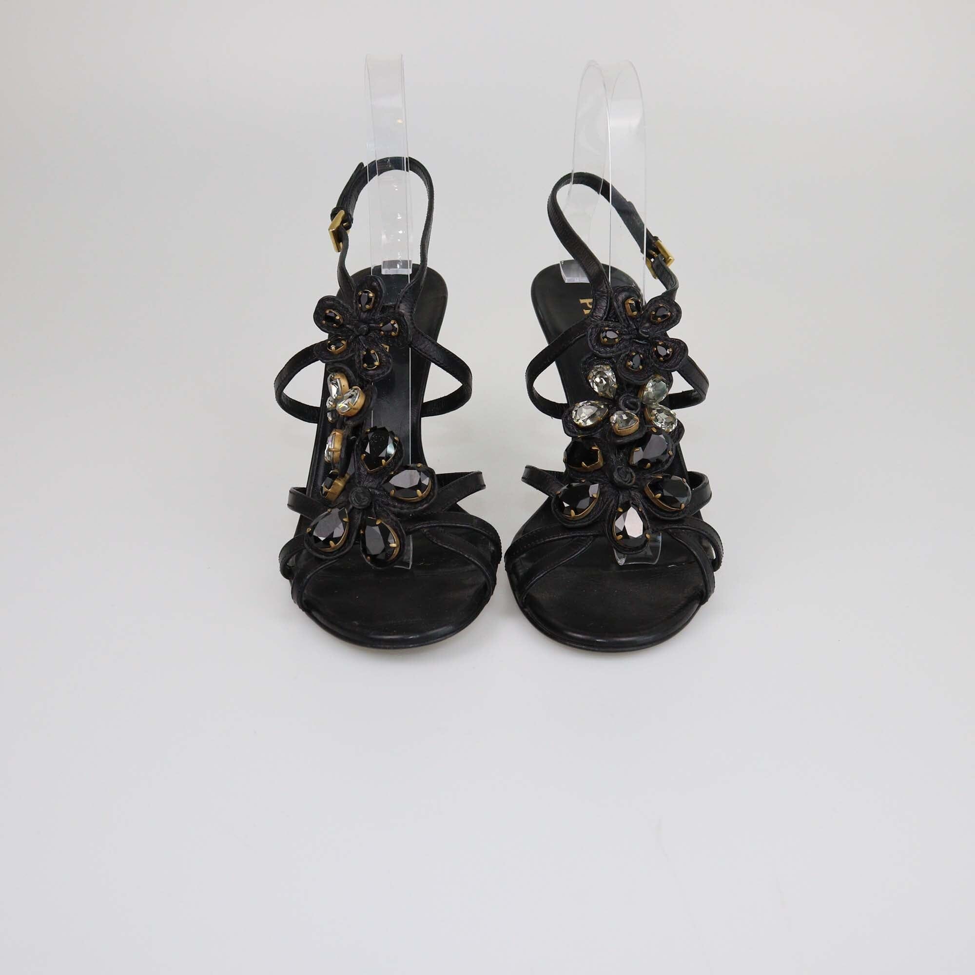 Prada Black Crystal Embellished Ankle Strap Sandals Womens Prada 