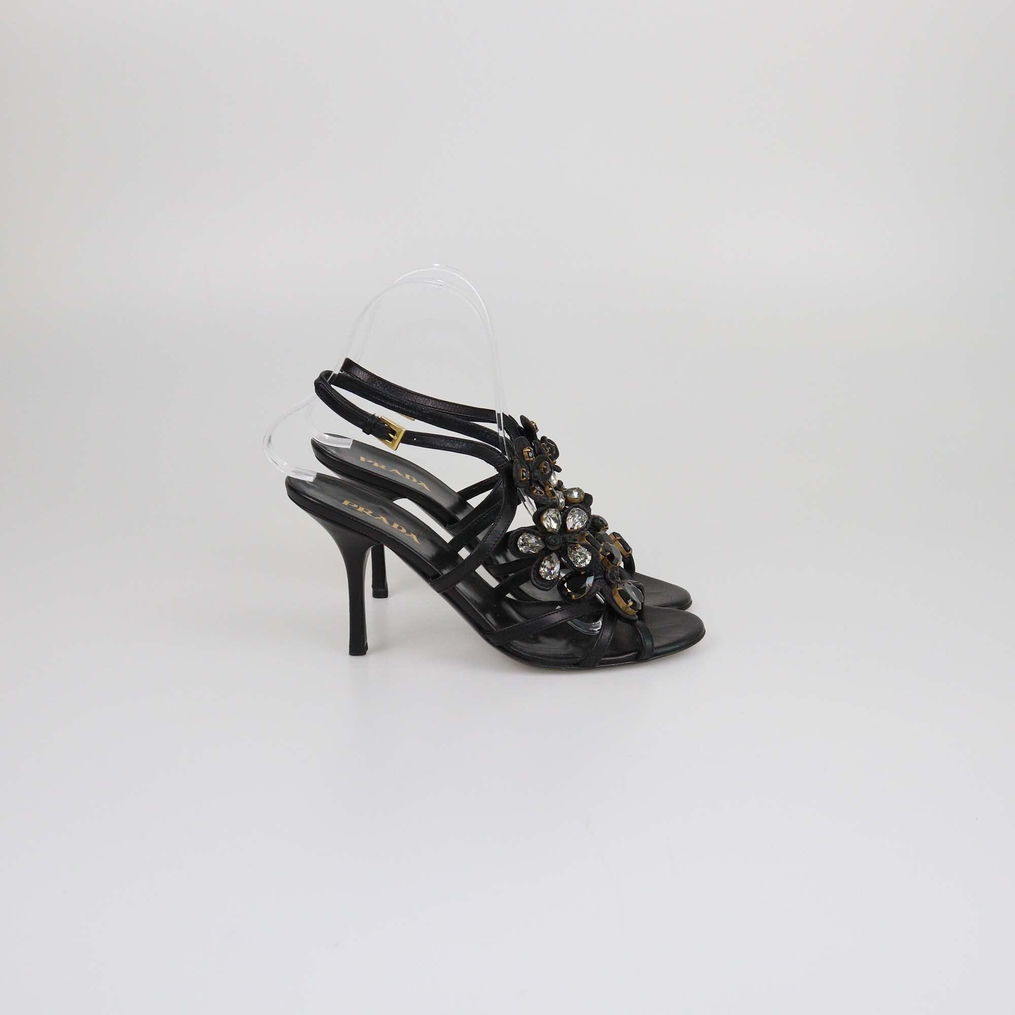 Prada Black Crystal Embellished Ankle Strap Sandals Womens Prada 