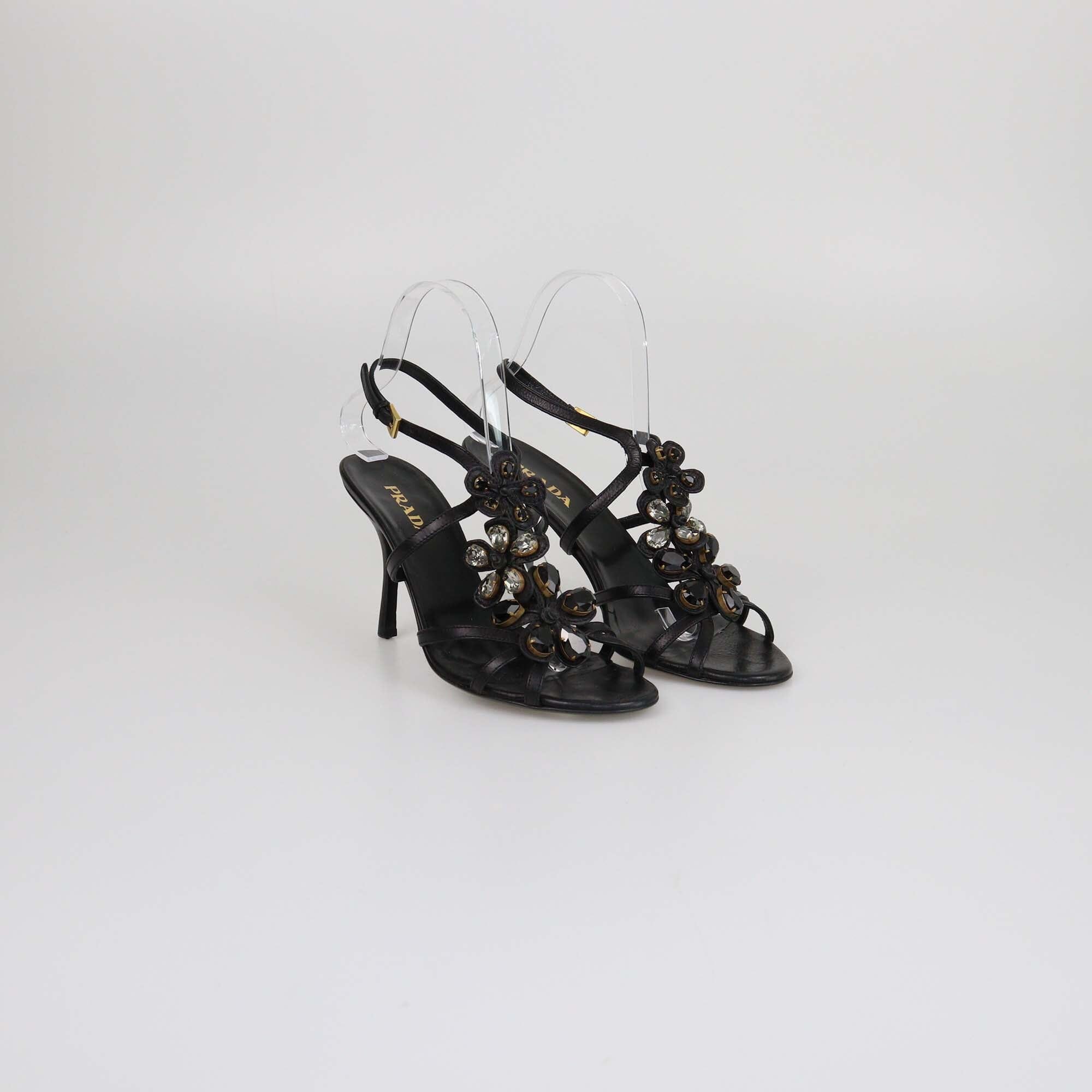 Prada Black Crystal Embellished Ankle Strap Sandals Womens Prada 