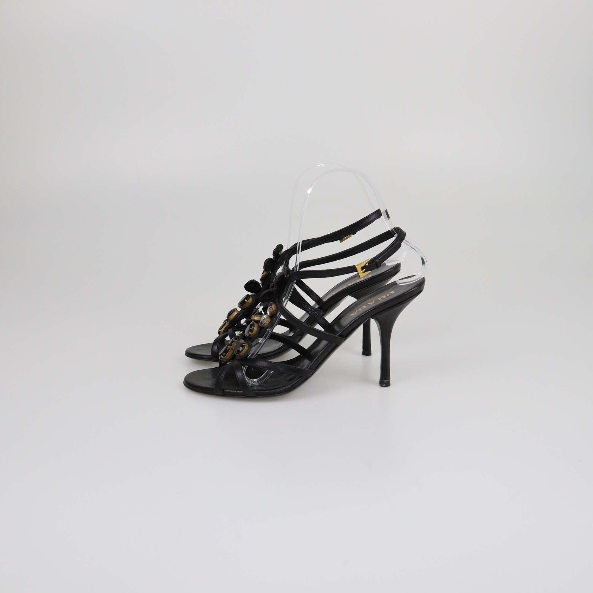 Prada Black Crystal Embellished Ankle Strap Sandals Womens Prada 