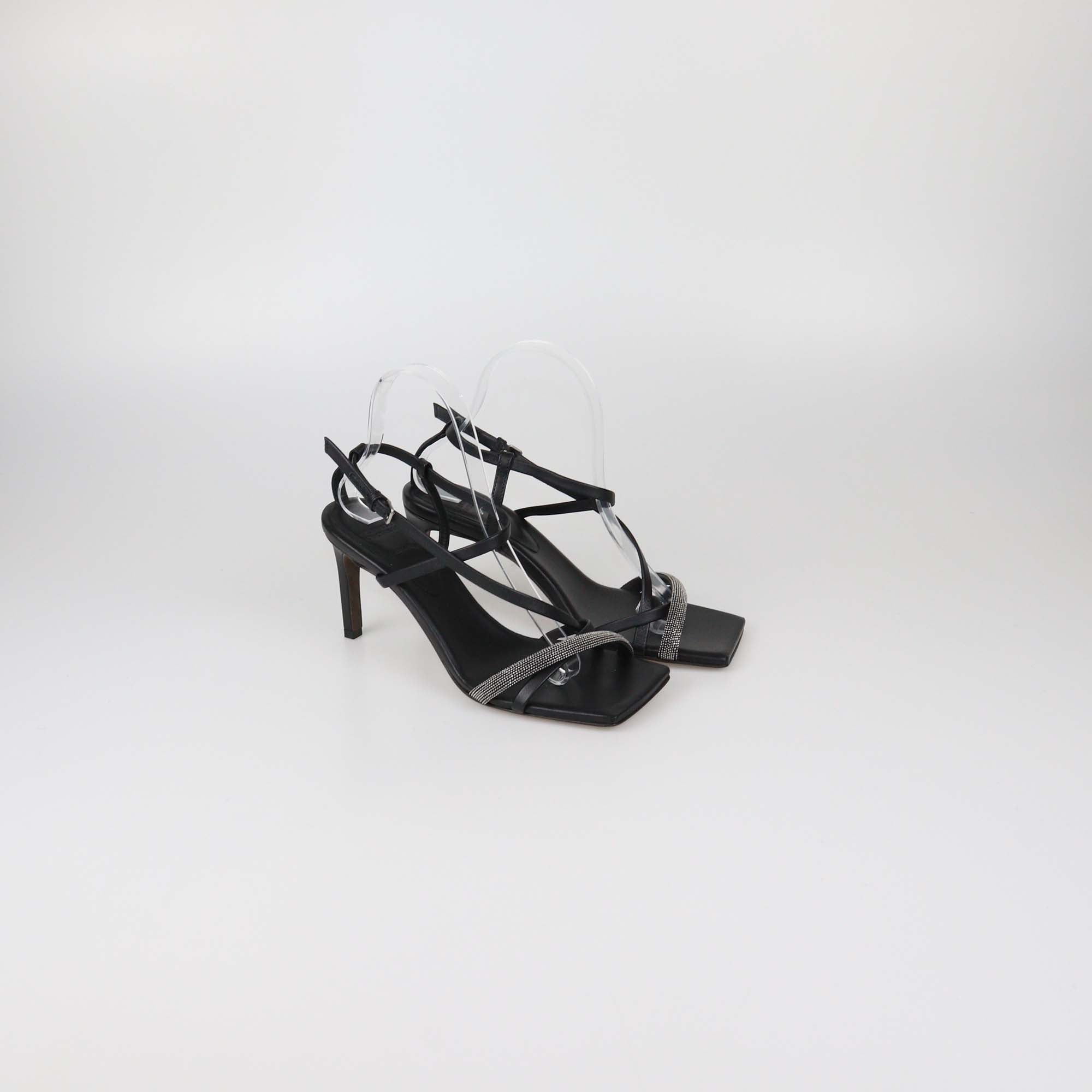 Brunello Cucinelli Black Leather Beads Detail Ankle Strap Sandals