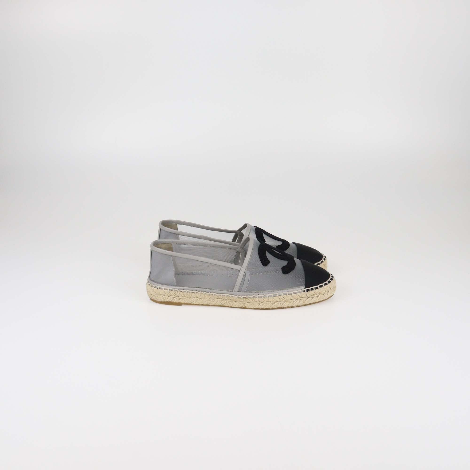 Chanel Grey/Black Mesh CC Cap Toe Flats Womens Chanel 