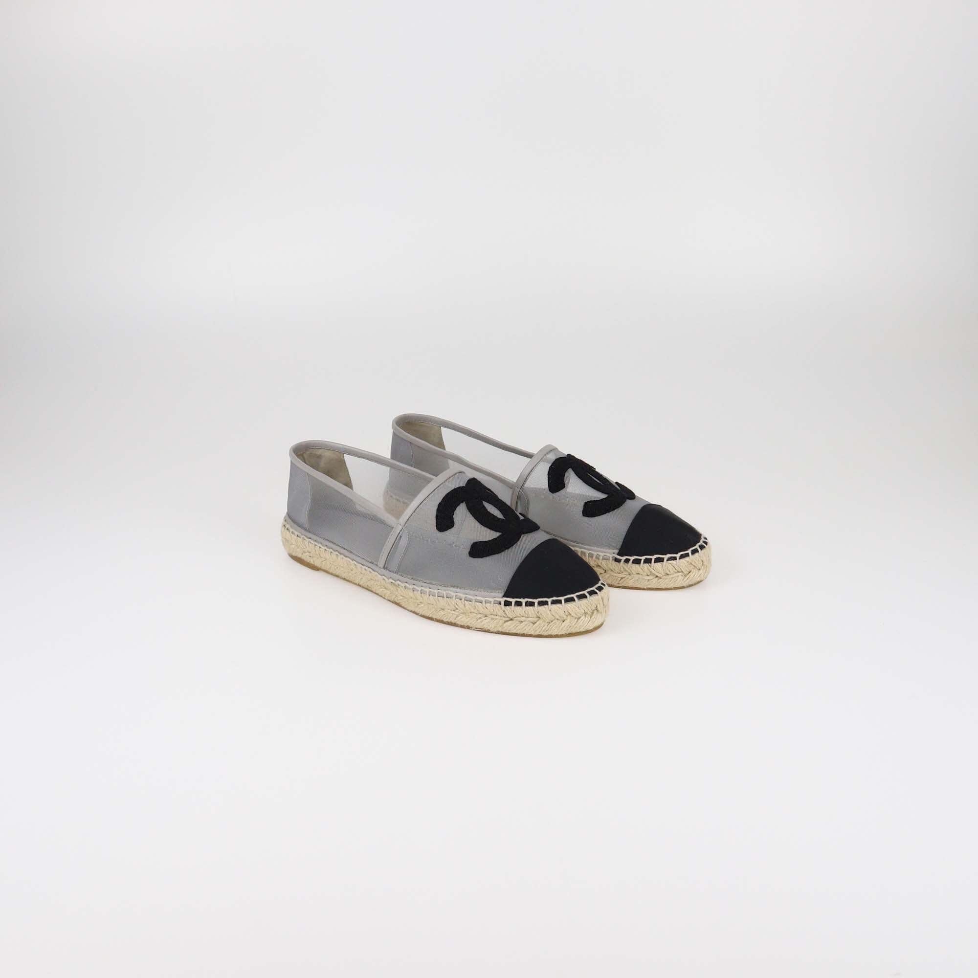 Chanel Grey/Black Mesh CC Cap Toe Flats Womens Chanel 