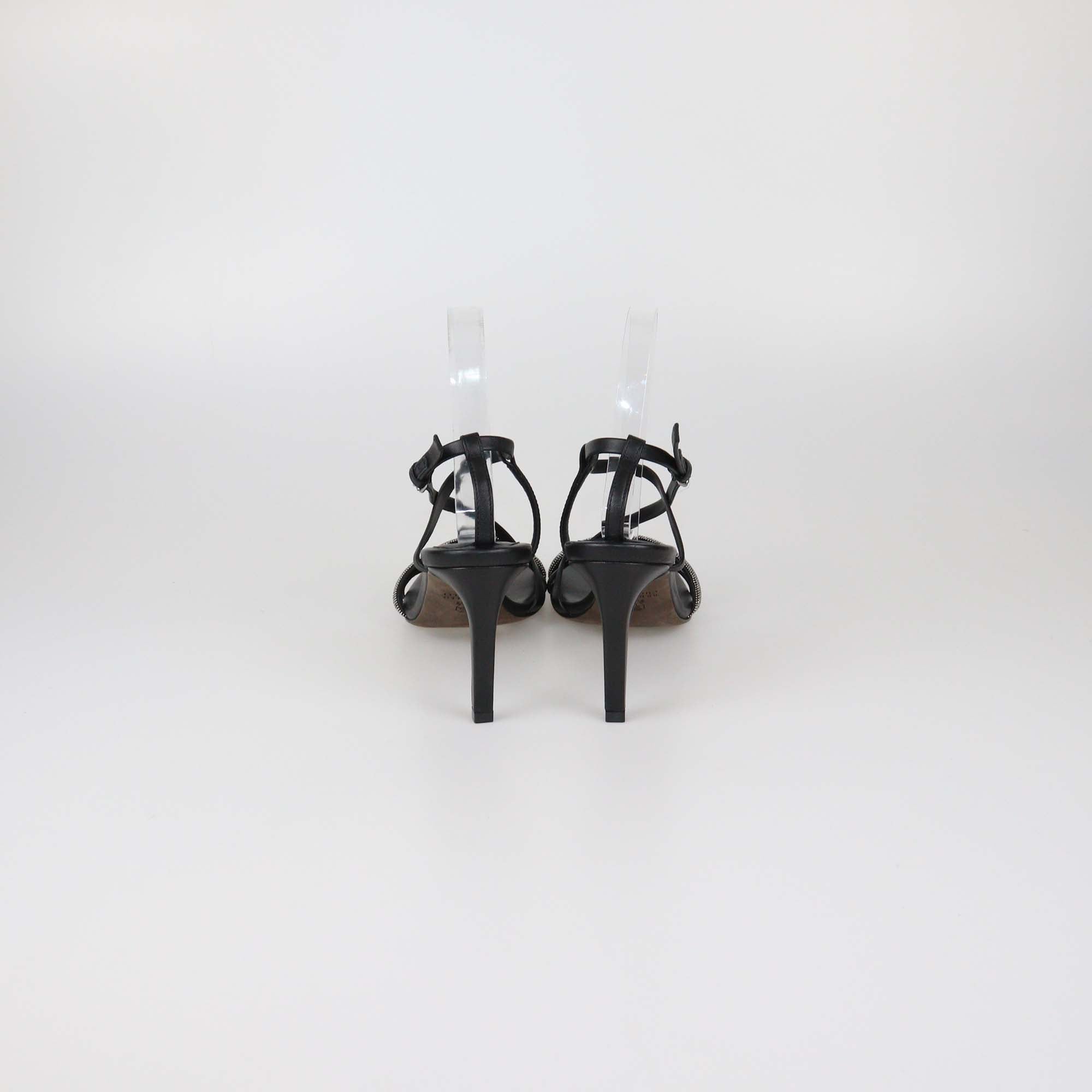 Brunello Cucinelli Black Leather Beads Detail Ankle Strap Sandals