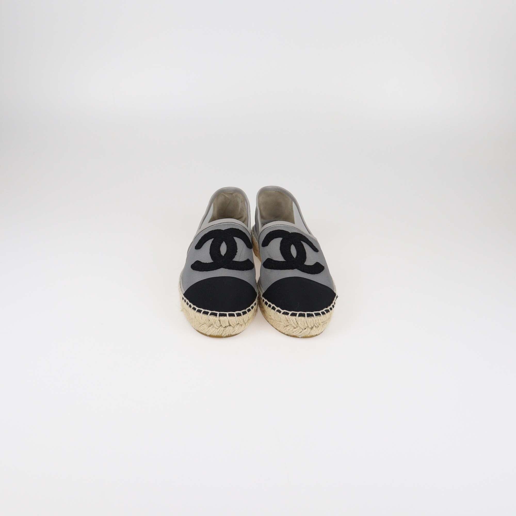 Chanel Grey/Black Mesh CC Cap Toe Flats Womens Chanel 