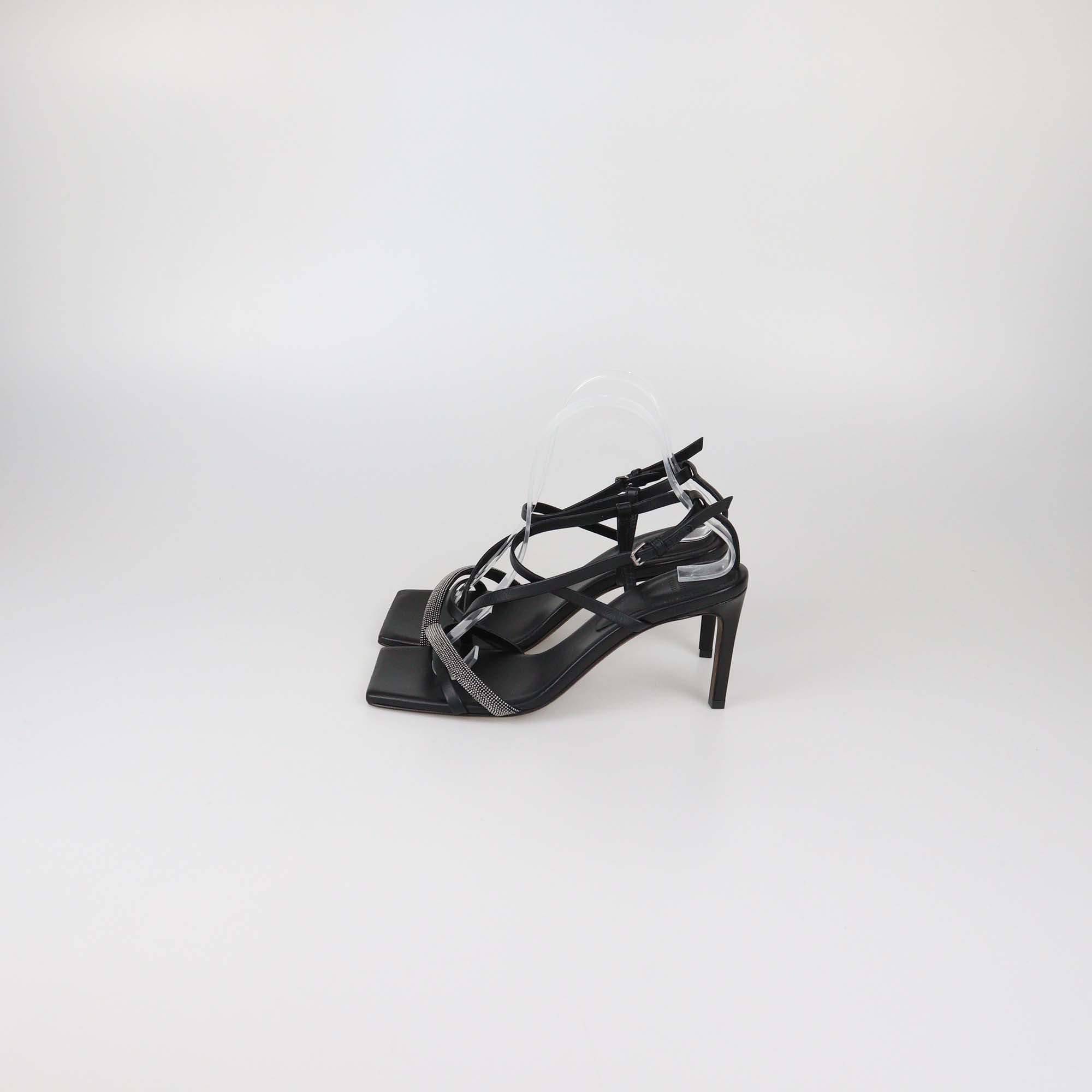 Brunello Cucinelli Black Leather Beads Detail Ankle Strap Sandals