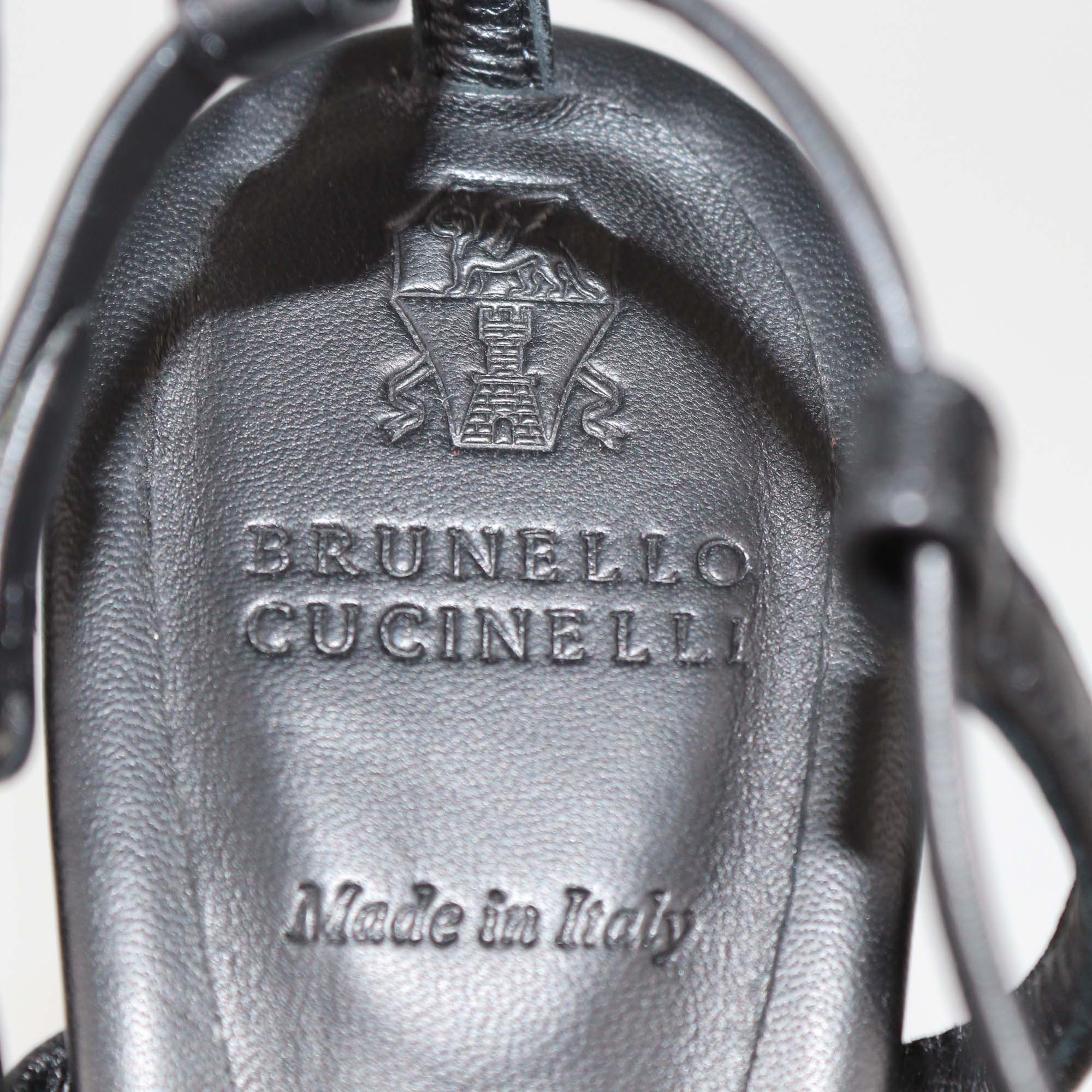 Brunello Cucinelli Black Leather Beads Detail Ankle Strap Sandals