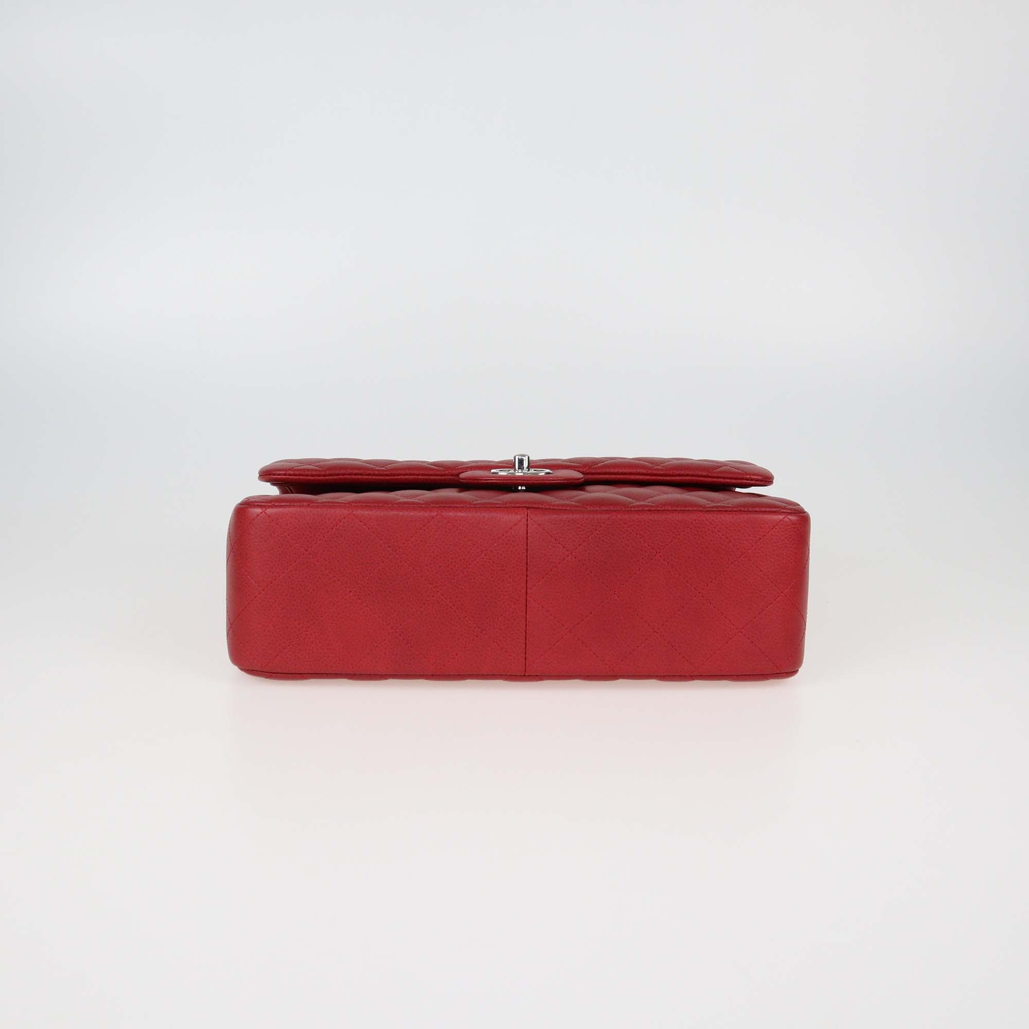 Chanel Dark Red Quilted Caviar Leather Jumbo Classic Double Flap Bag