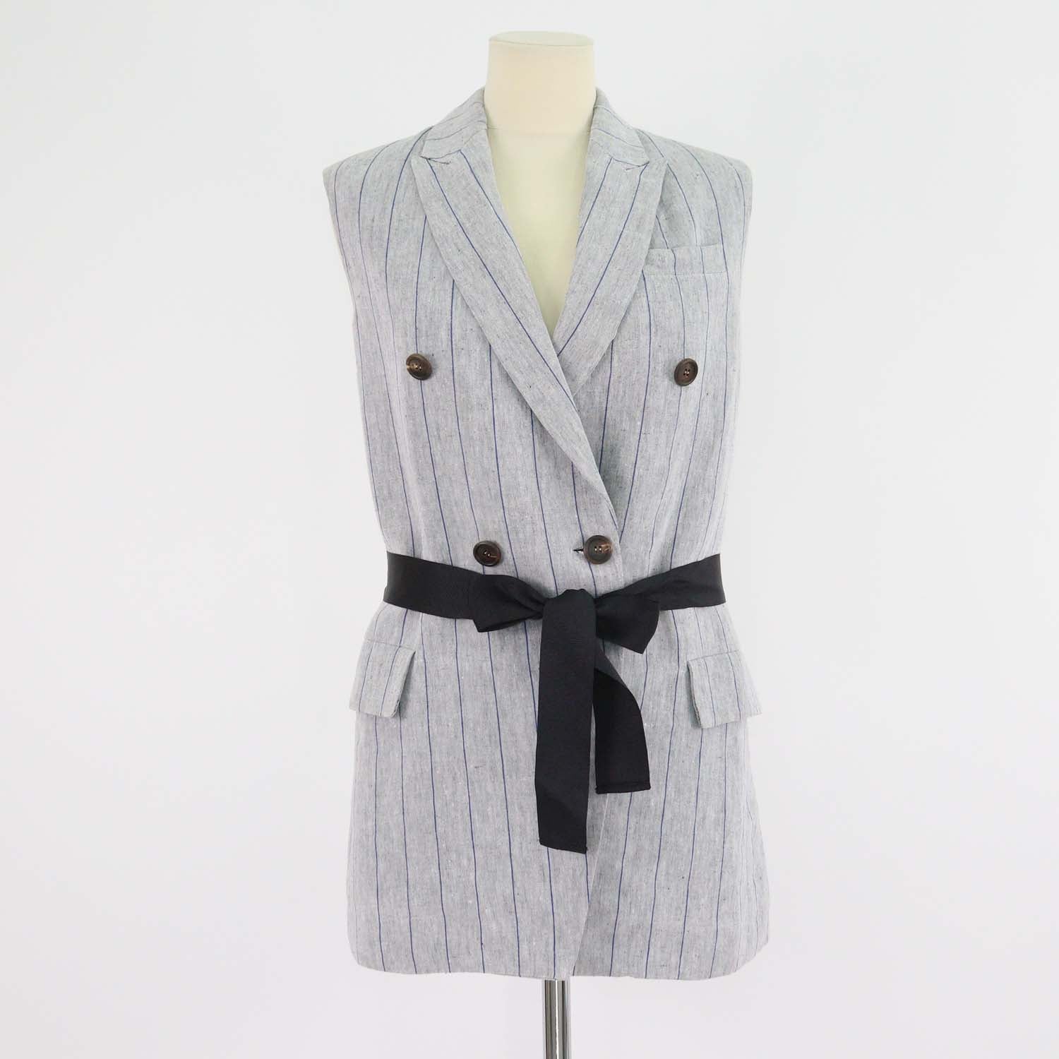 Brunello Cucinelli Grey/Blue Linen Striped Double Breasted Sleeveless Blazer