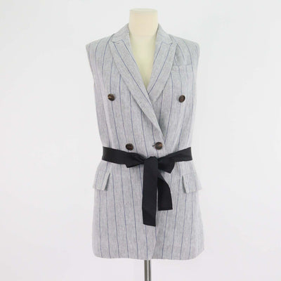 Brunello Cucinelli Grey/Blue Linen Striped Double Breasted Sleeveless Blazer