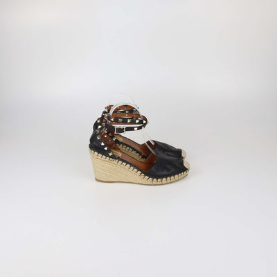 Valentino Black Leather Rockstud Ankle Strap Wedge Espadrille Sandals