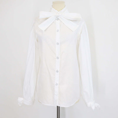 Chanel White Cotton Neck Tie Long Sleeve Tunic Top
