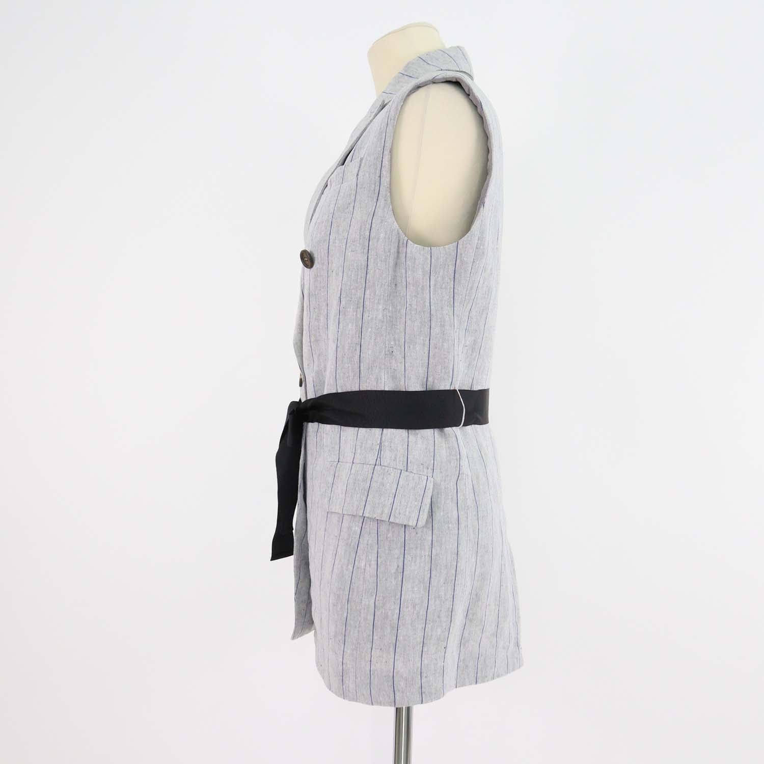 Brunello Cucinelli Grey/Blue Linen Striped Double Breasted Sleeveless Blazer