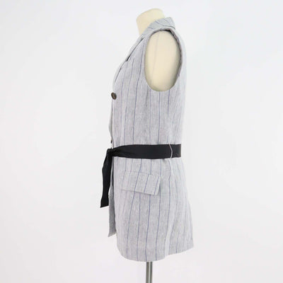 Brunello Cucinelli Grey/Blue Linen Striped Double Breasted Sleeveless Blazer
