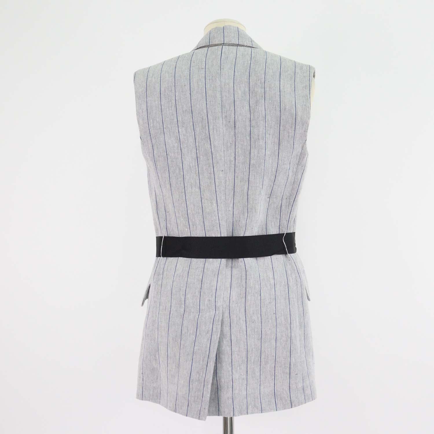 Brunello Cucinelli Grey/Blue Linen Striped Double Breasted Sleeveless Blazer