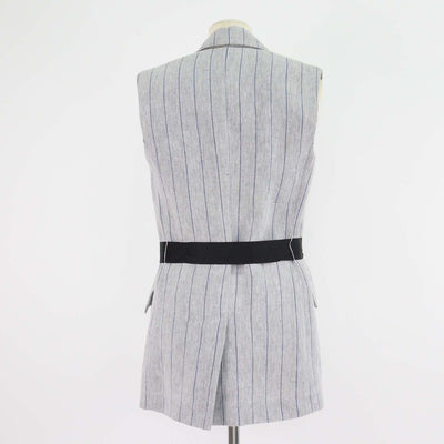 Brunello Cucinelli Grey/Blue Linen Striped Double Breasted Sleeveless Blazer