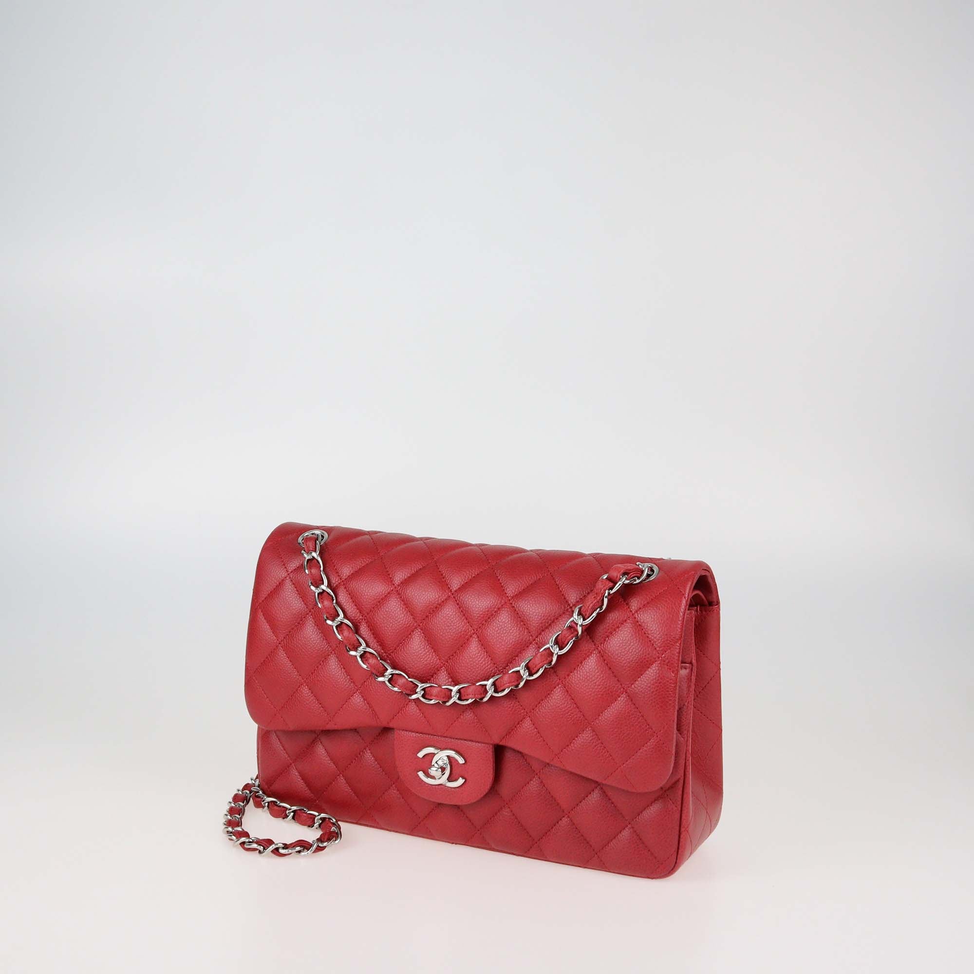 Chanel Dark Red Quilted Caviar Leather Jumbo Classic Double Flap Bag