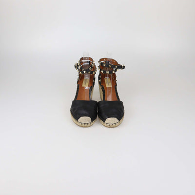 Valentino Black Leather Rockstud Ankle Strap Wedge Espadrille Sandals