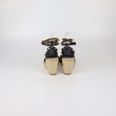Valentino Black Leather Rockstud Ankle Strap Wedge Espadrille Sandals