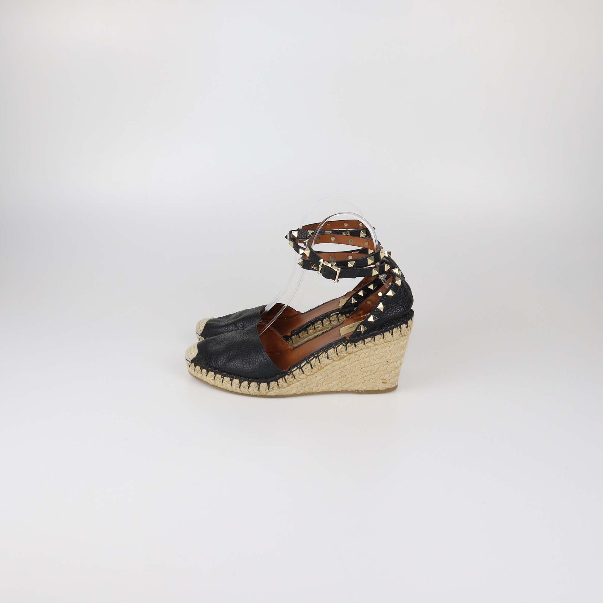 Valentino Black Leather Rockstud Ankle Strap Wedge Espadrille Sandals