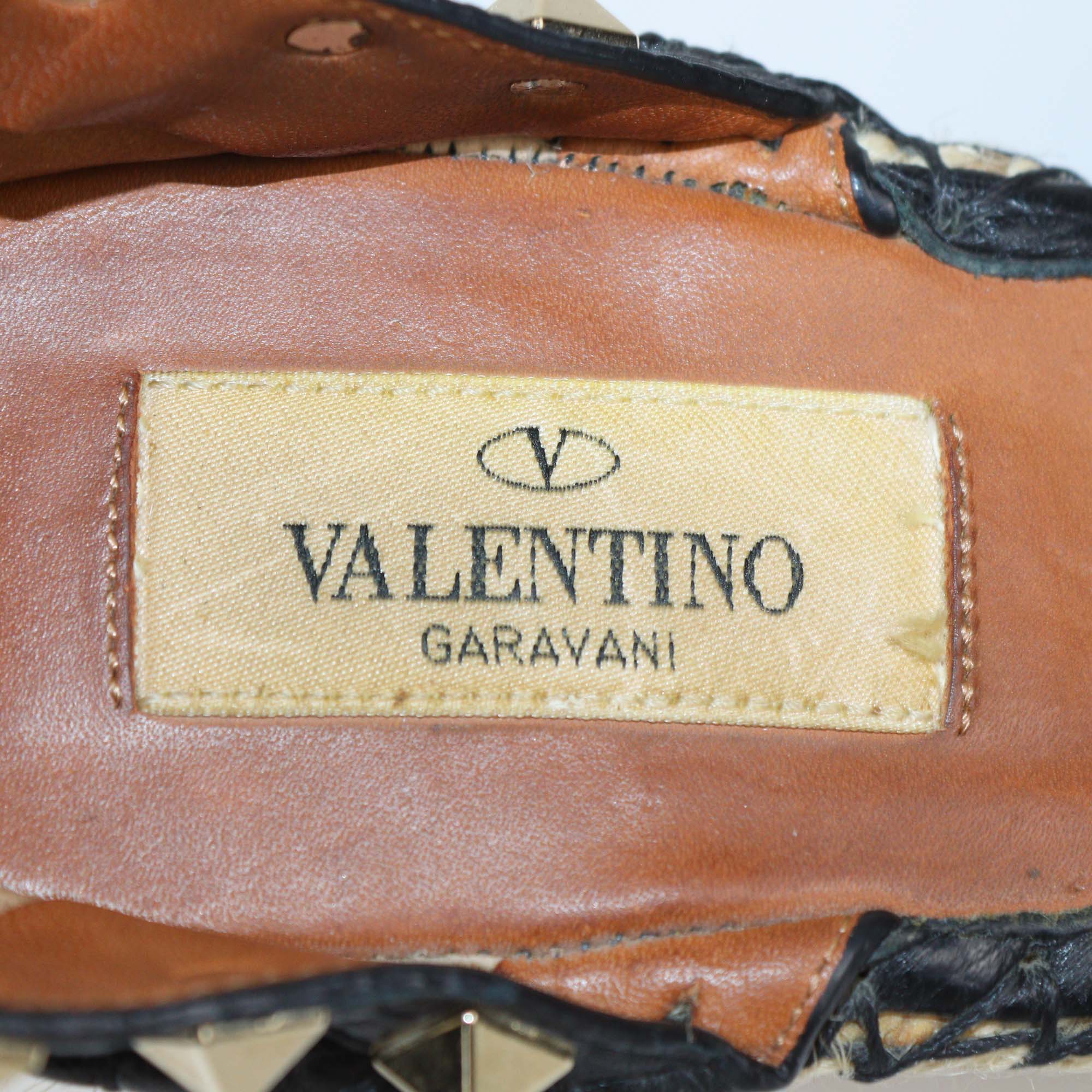 Valentino Black Leather Rockstud Ankle Strap Wedge Espadrille Sandals