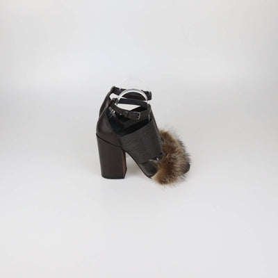 Brunello Cucinelli Grey/Dark Brown Beaded and Fur Ankle Strap Sandals