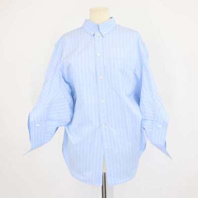 Balenciaga Light Blue/White Striped Cotton Oversized Fit Three Quarter Sleeve Shirt