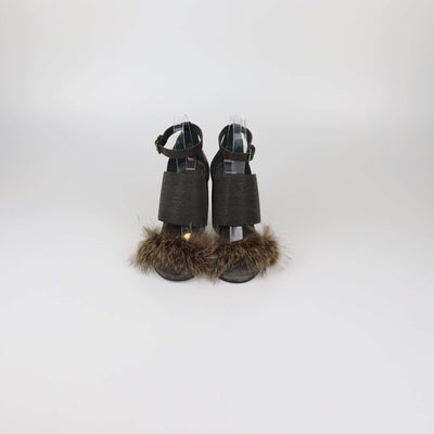 Brunello Cucinelli Grey/Dark Brown Beaded and Fur Ankle Strap Sandals