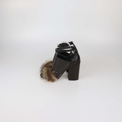 Brunello Cucinelli Grey/Dark Brown Beaded and Fur Ankle Strap Sandals