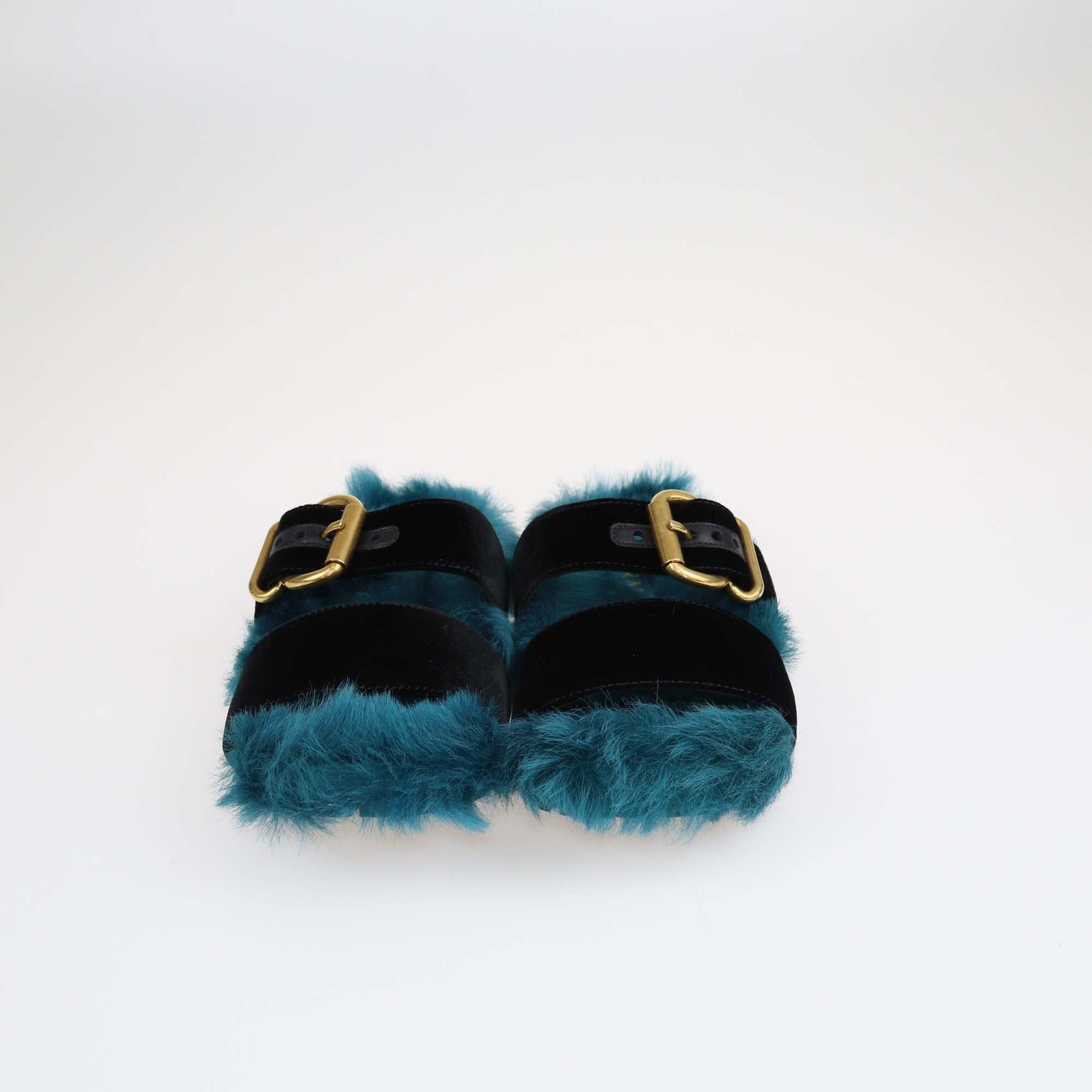 Prada Green/Black Fur Flat Slides Shoes Prada 