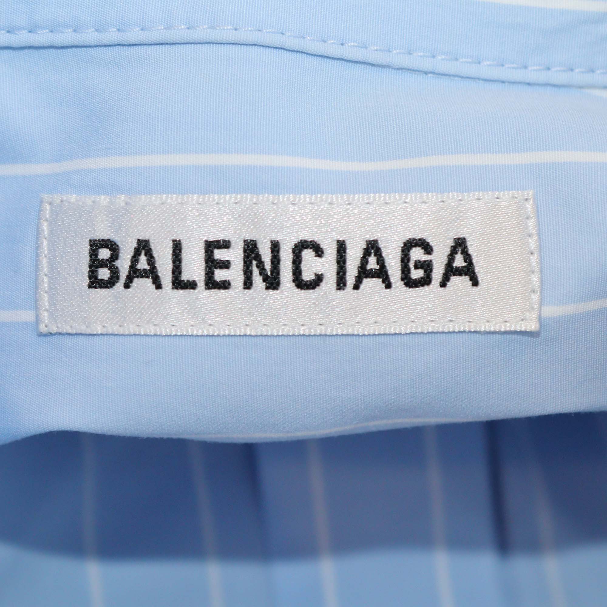 Balenciaga Light Blue/White Striped Cotton Oversized Fit Three Quarter Sleeve Shirt