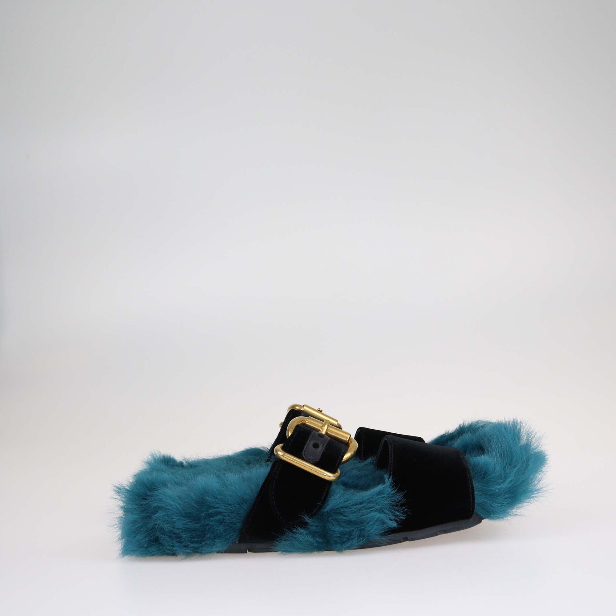 Prada Green/Black Fur Flat Slides Shoes Prada 