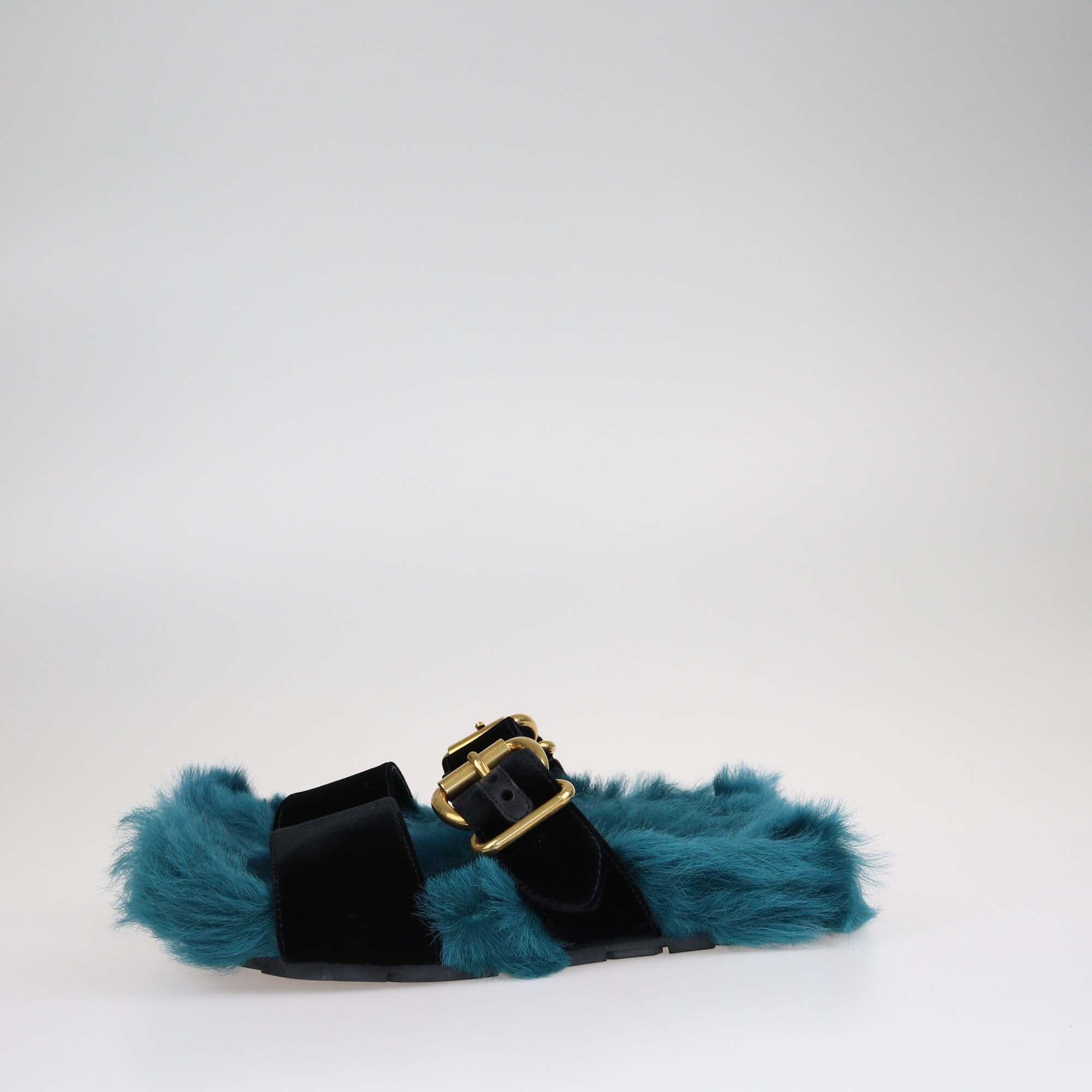 Prada Green/Black Fur Flat Slides Shoes Prada 