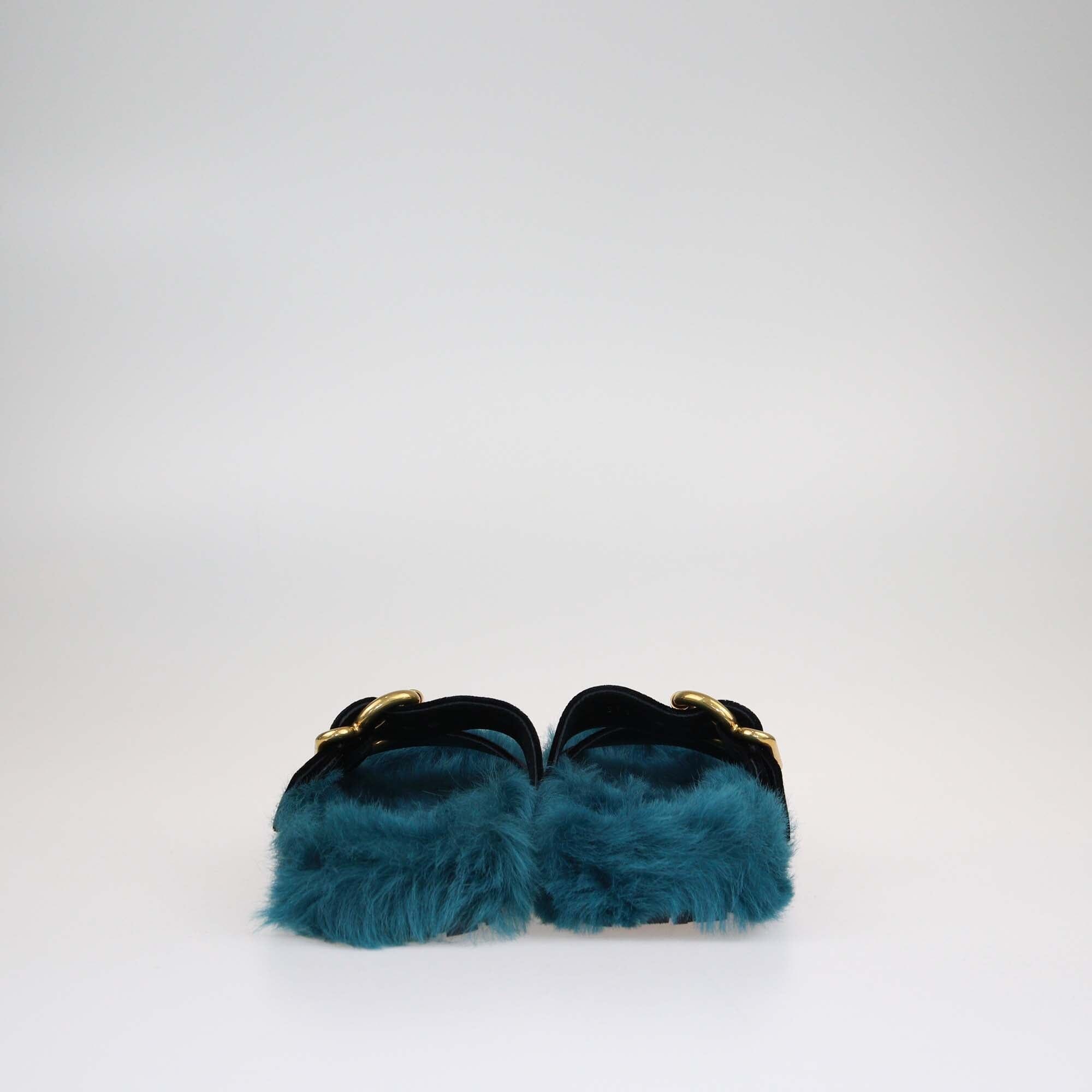 Prada Green/Black Fur Flat Slides Shoes Prada 