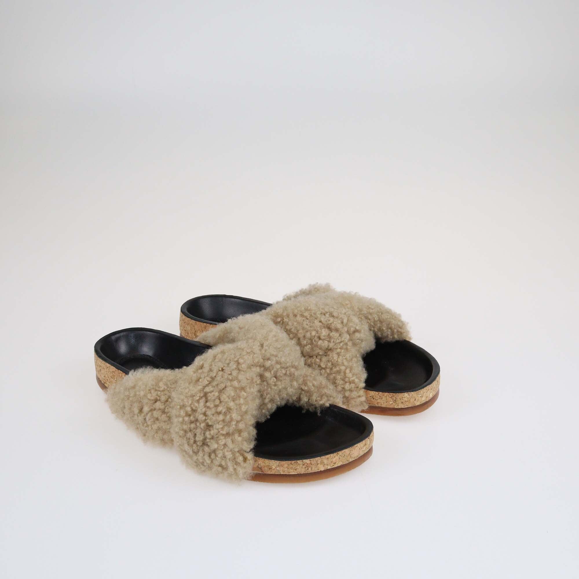 Chloe Brown/Black Shearling Knotted Slip On Slides Shoes Chloe 