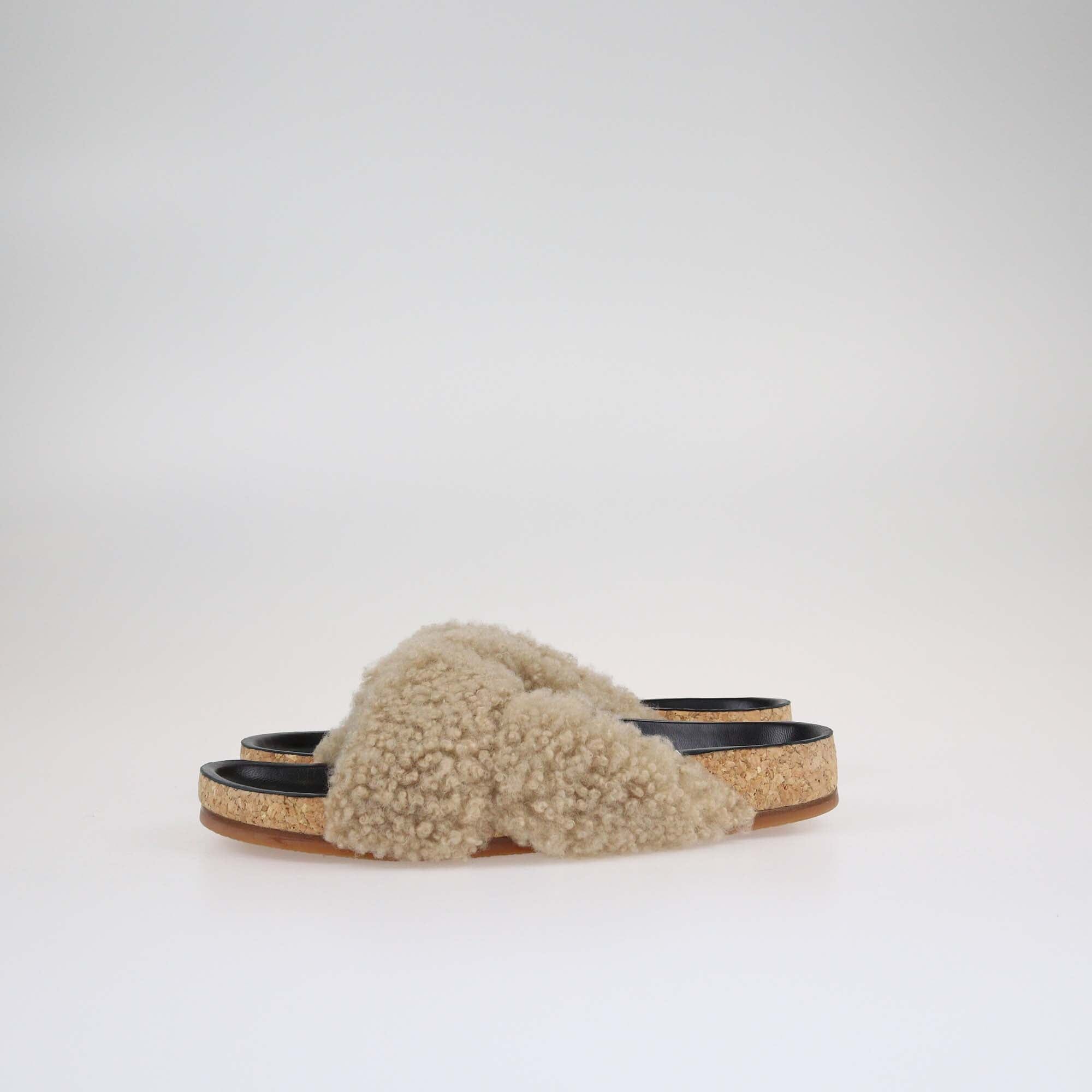 Chloe Brown/Black Shearling Knotted Slip On Slides Shoes Chloe 