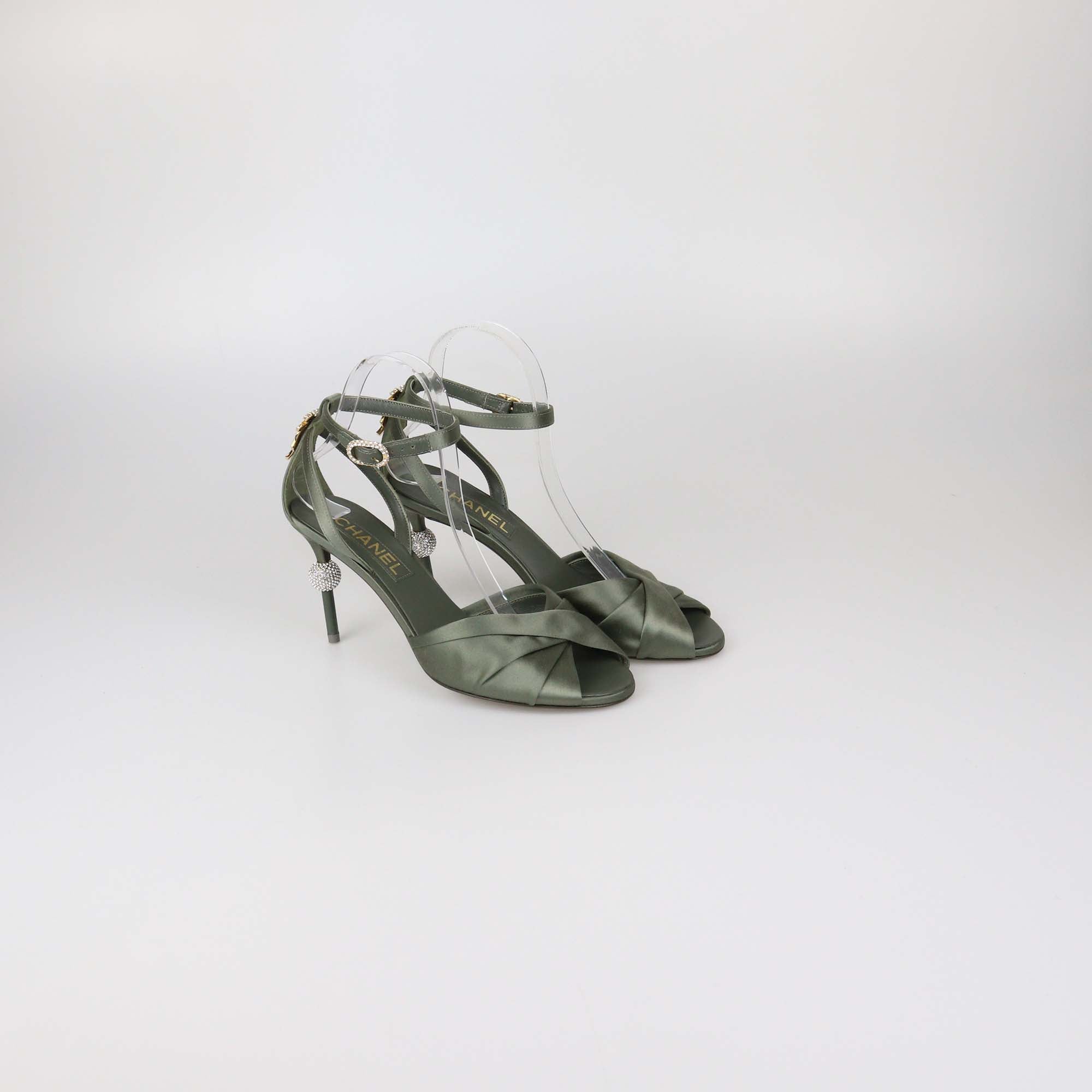 Chanel Sage Green Satin Crystal Embellished Heel Sandals