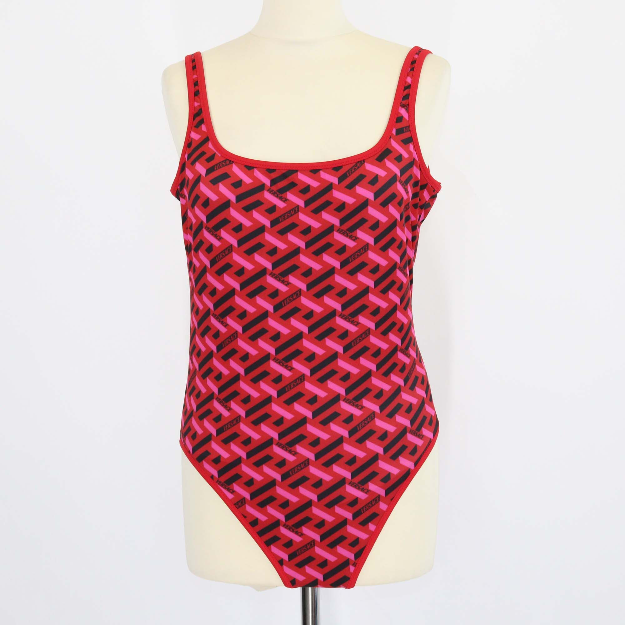 Versace Red Jersey Geometrical Logo Print One Piece Swimsuit