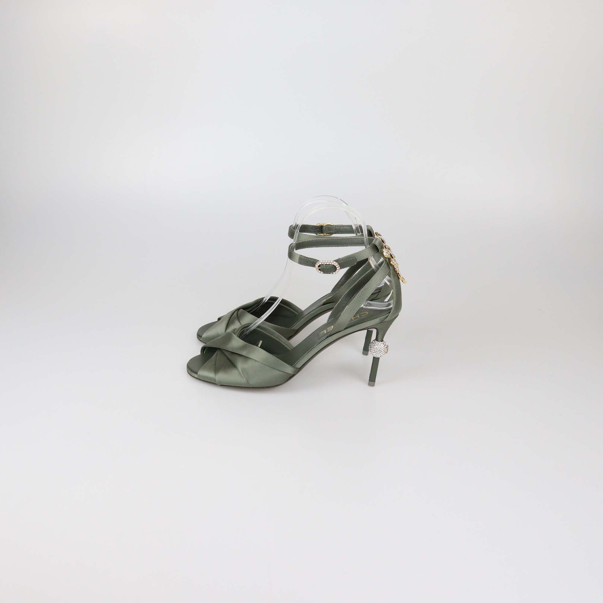Chanel Sage Green Satin Crystal Embellished Heel Sandals