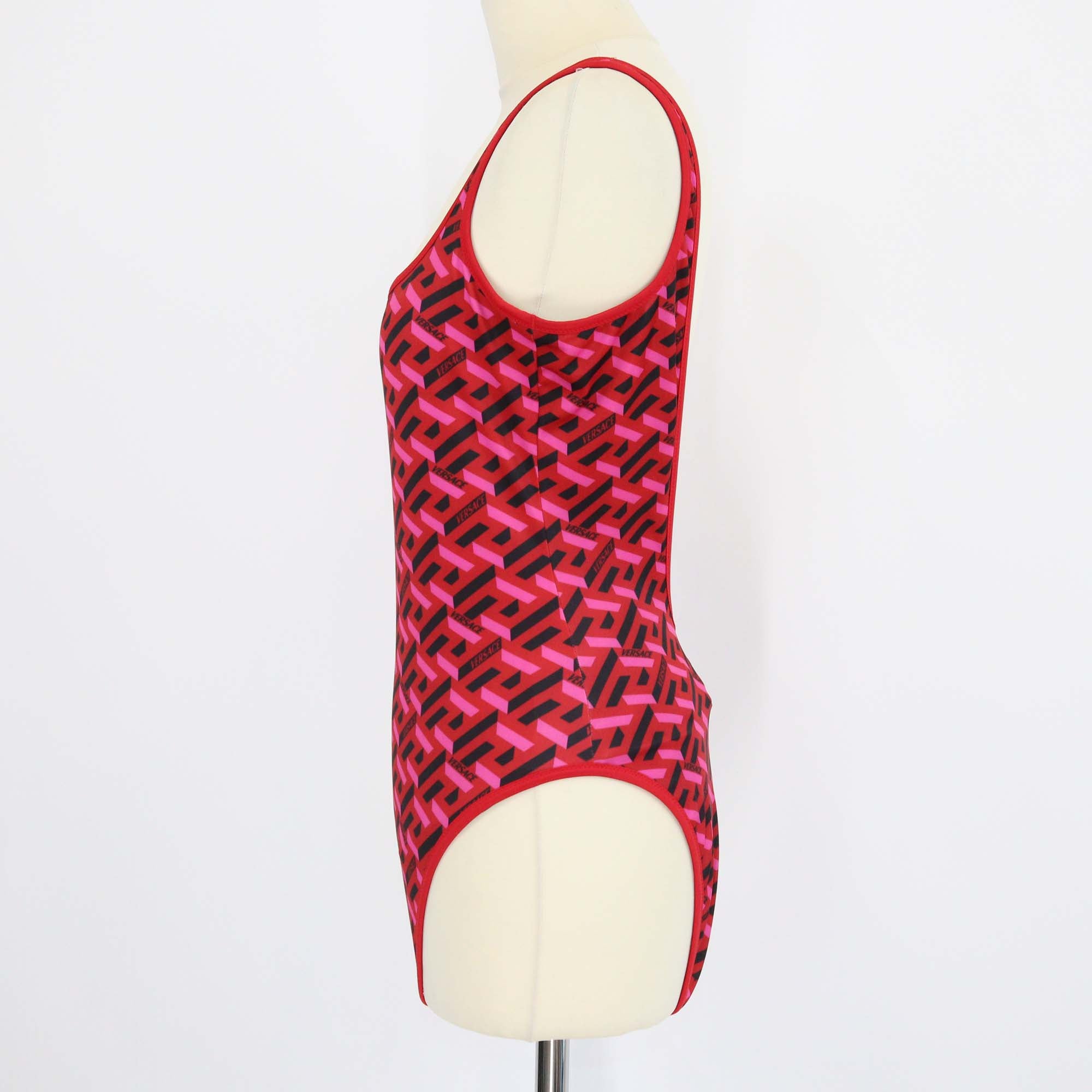 Versace Red Jersey Geometrical Logo Print One Piece Swimsuit