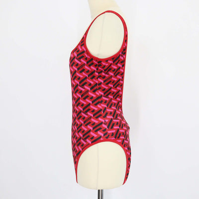 Versace Red Jersey Geometrical Logo Print One Piece Swimsuit