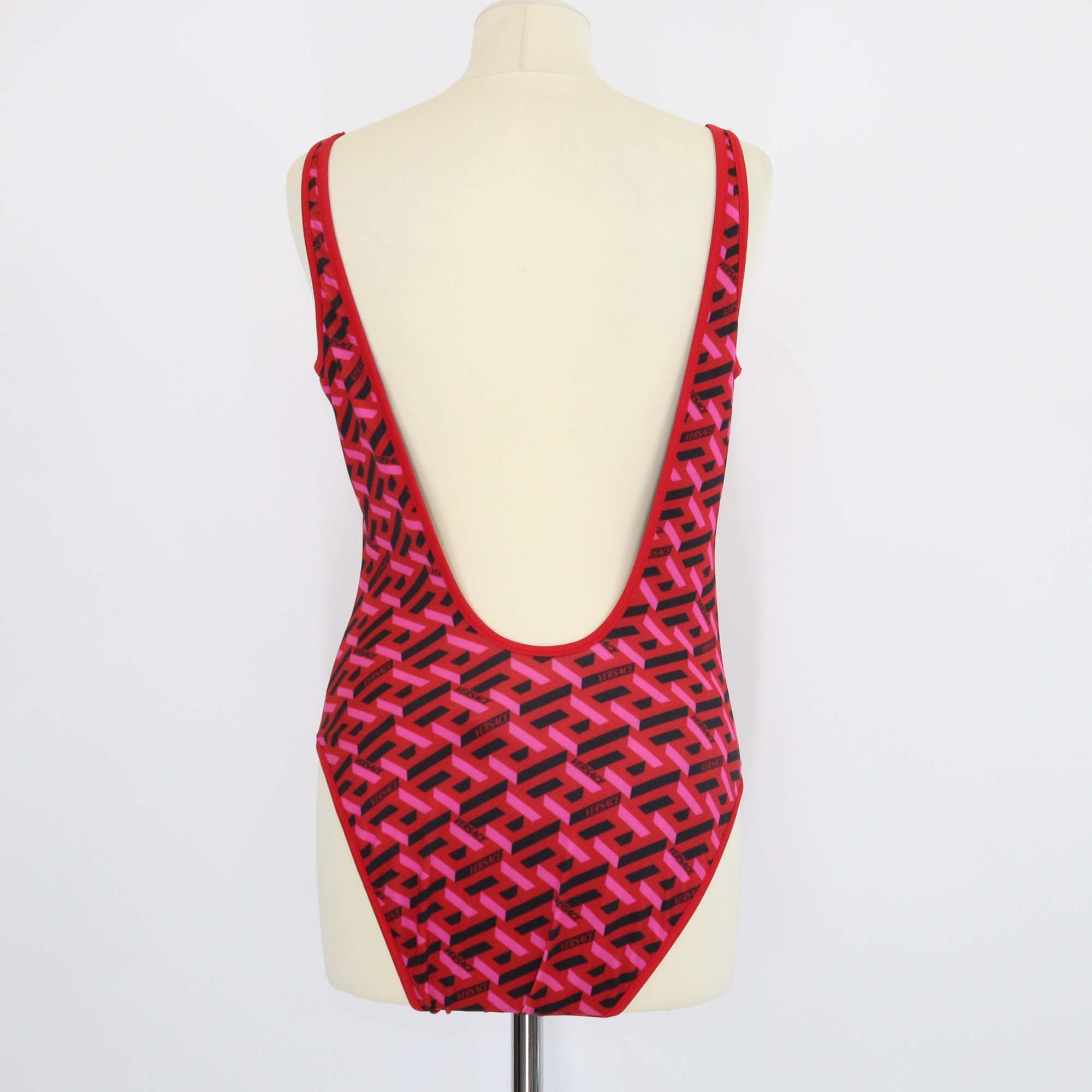 Versace Red Jersey Geometrical Logo Print One Piece Swimsuit