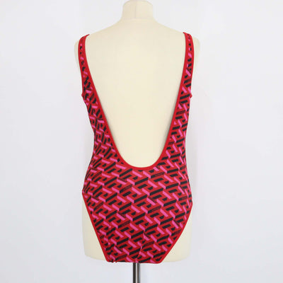 Versace Red Jersey Geometrical Logo Print One Piece Swimsuit